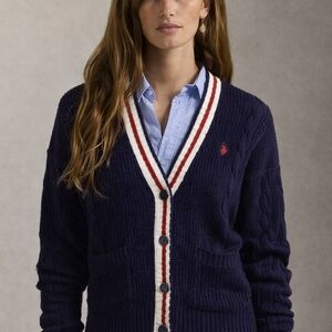 Navy Blue Cable Knit Cardigan Sweater